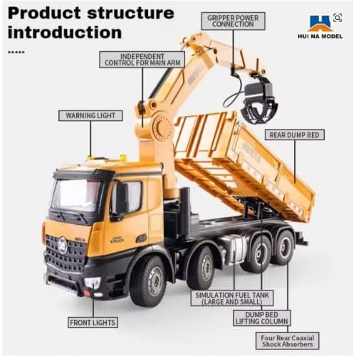 New Huina 1538 1/14th 3in1 Alloy RC Engineering Dump Truck 26CH Crane Rotation Arm Timber Grab Truck 5