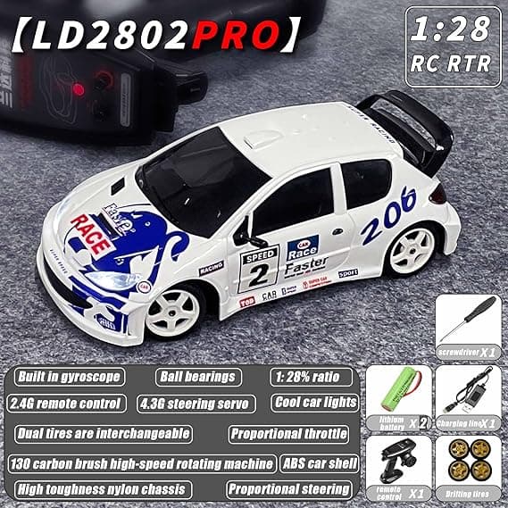 LDRC 2802PRO 1/28 Mini RC Drift Car GTR 2.4GHz 4WD RTR with Gyro and 4PCS Drift Tires Racing Radio Control Cars (White) 2