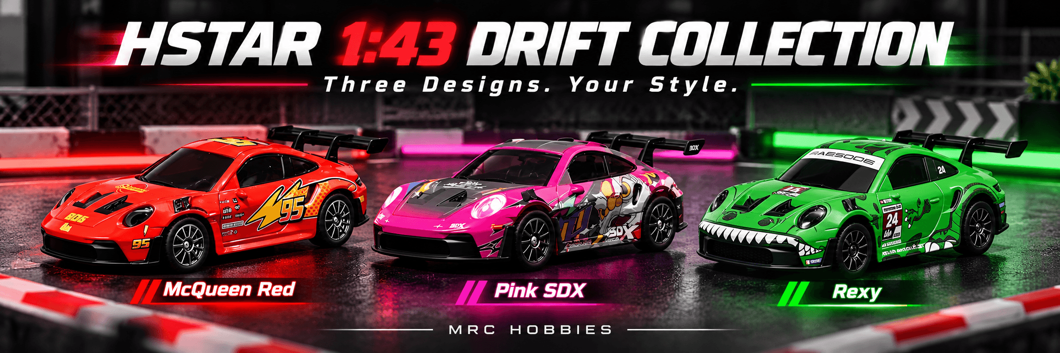 HSTAR 1:43 RC Drift Cars: McQueen Red, Pink SDX and Rexy—Choose Your Favourite Design